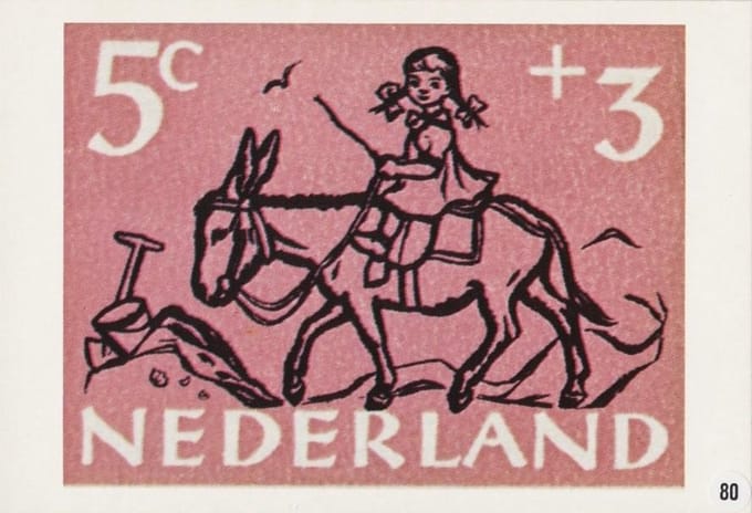 Briefkaart met afbeelding meisje op ezel postzegel
