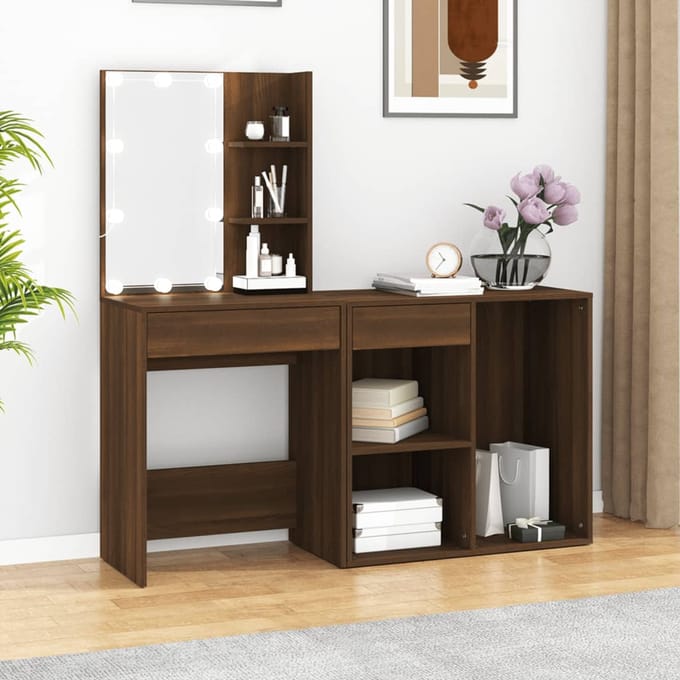 vidaXL - Kaptafel - met - kastjes - LED - bewerkt - hout - bruin - eikenkleur