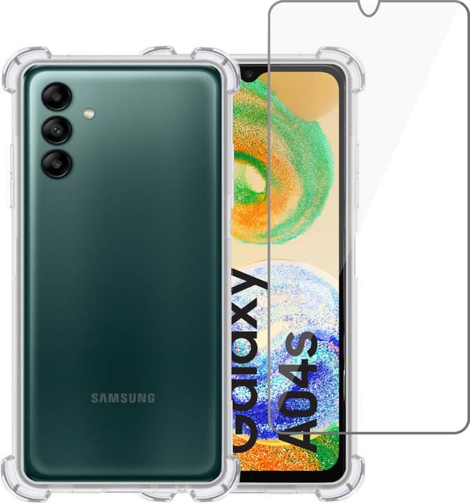 Hoesje geschikt voor Samsung A04s + Screenprotector – Tempered Glass - Extreme Shock Case Transparant
