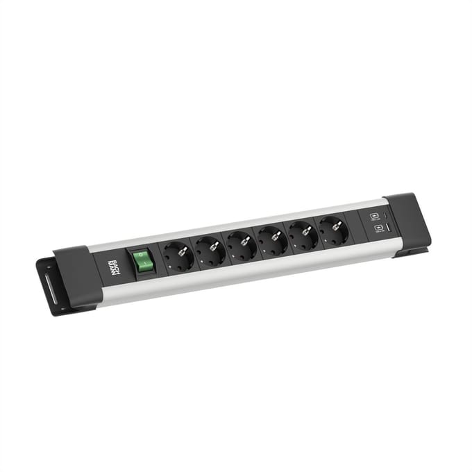 BACHMANN CONNECTUS 6x CEE7/3, 1x schakelaar, 1x USB A/C 22W, 2,0 m CEE7/7, grijs