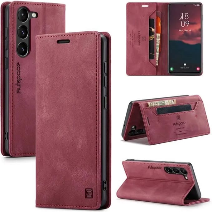 Luxe Flip Case met RFID Bescherming Kaarthouder en Magneetsluiting voor Galaxy S23 _ Wijnrood