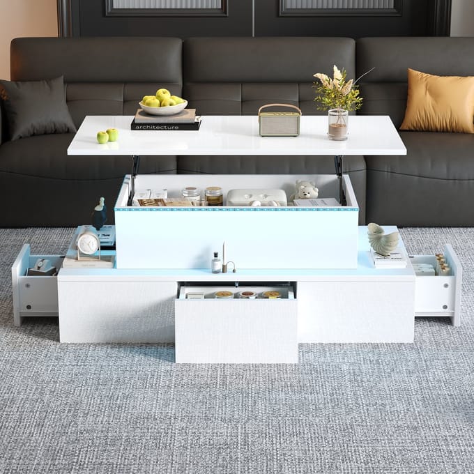 MODFU Salontafel - Verstelbaar Blad En LED - Modern - Voor De Woonkamer - MDF - Wit - 100 X 50 X 40 Cm