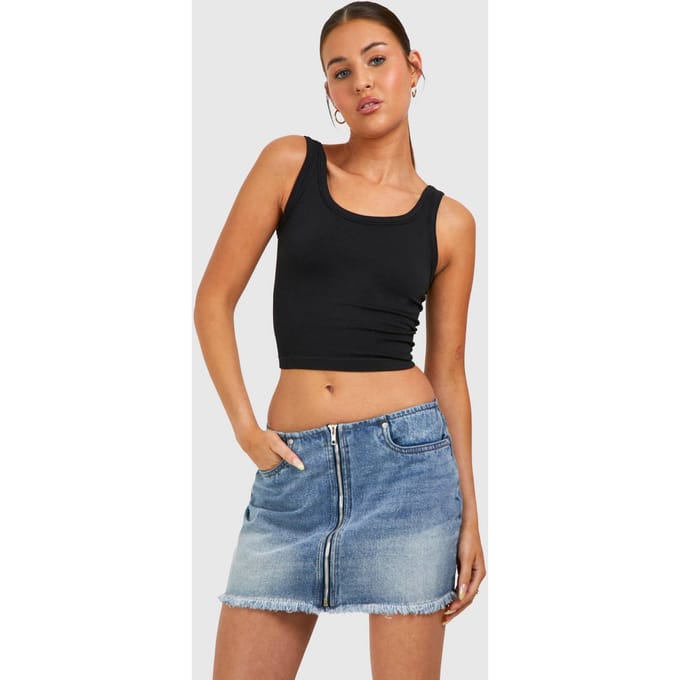 boohoo Dames Vintage Wash Zip Front Micro Mini Rok | Vintage Blauw | Maat: 34
