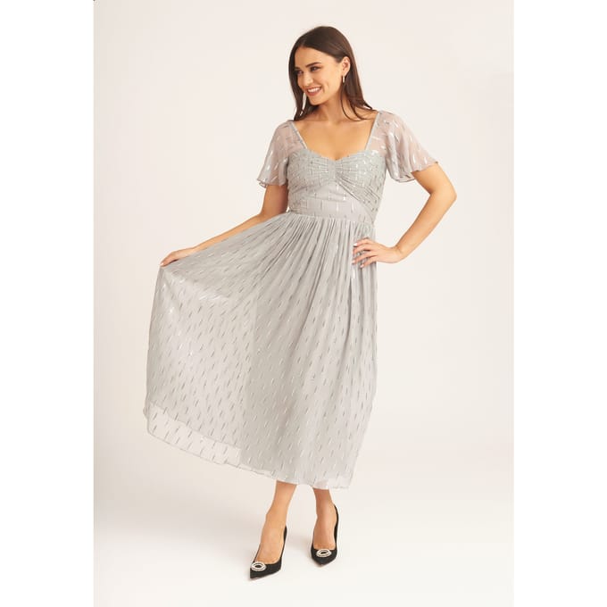 Jacquard metallic midi-jurk met engelmouwen