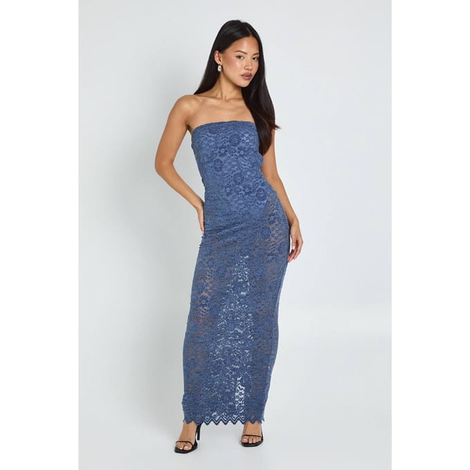 boohoo Dames Petite fluwelen kanten bandeau maxi-jurk | Blauw | Maat: 36
