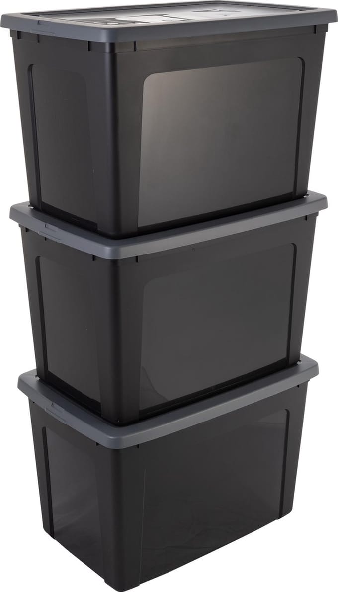 IRIS Clearbox Opbergbox - 70L - Kunststof - Zwart/Grijs - Set van 3