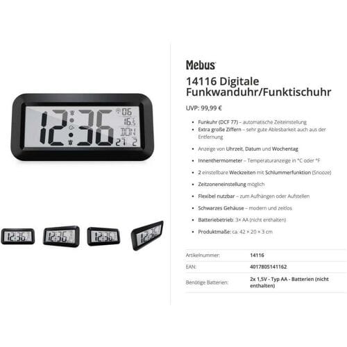 Mebus 14116 Zendgestuurde klok Zendergestuurd 42 cm x 20 cm x 3 cm Zwart Groot display