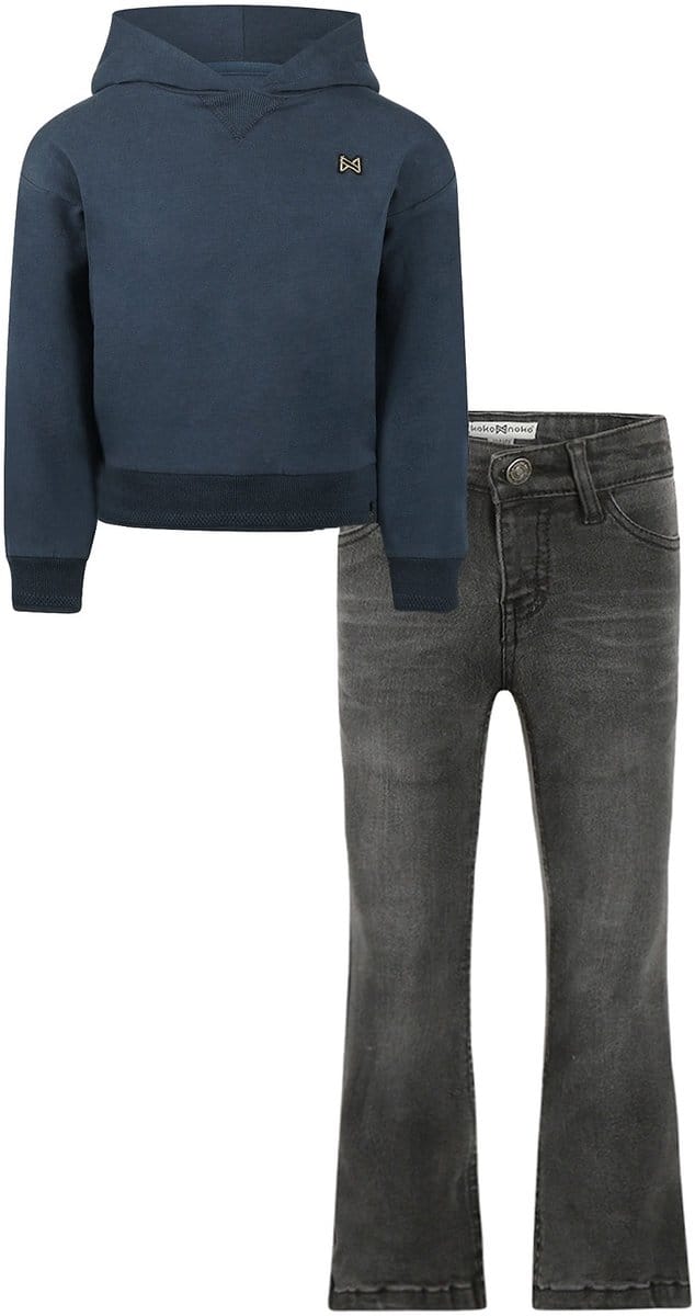 Koko Noko - Kledingset - Basic Collection - Bio Cotton - Dark grey Jeans flared - Sweater with hood dropped shoulder Navy - Maat 92