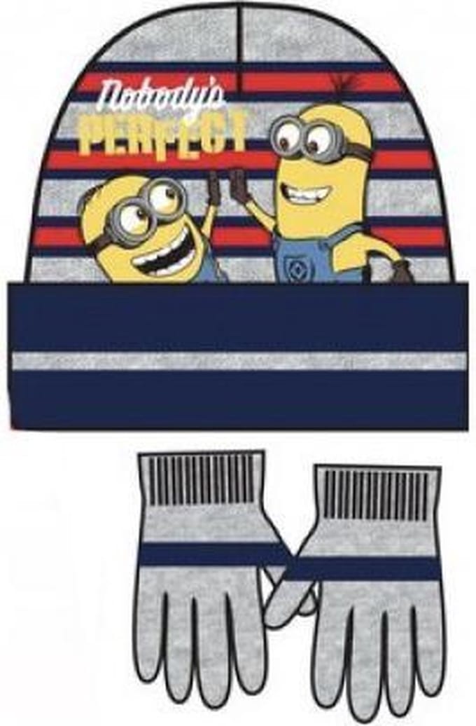 Minions set / winterset - Muts + Handschoenen - grijs/navy/rood - Maat 52 cm (± 3-6 jaar)