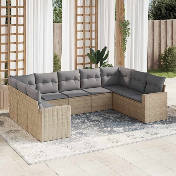 vidaXL - 9-delige - Loungeset - met - kussens - poly - rattan - beige