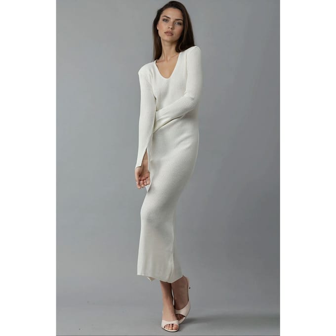 V-hals Textured Maxi Gebreide Jurk met Split