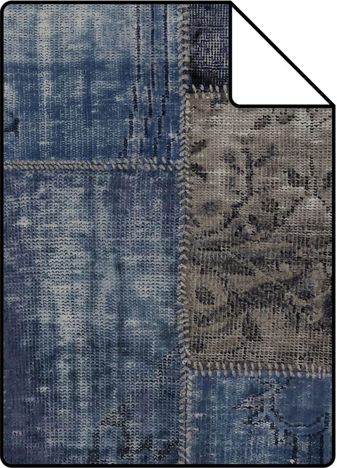 Proefstaal Origin Wallcoverings behang kelim patchwork taupe en blauw - 26,5 x 21 cm - 347466-S