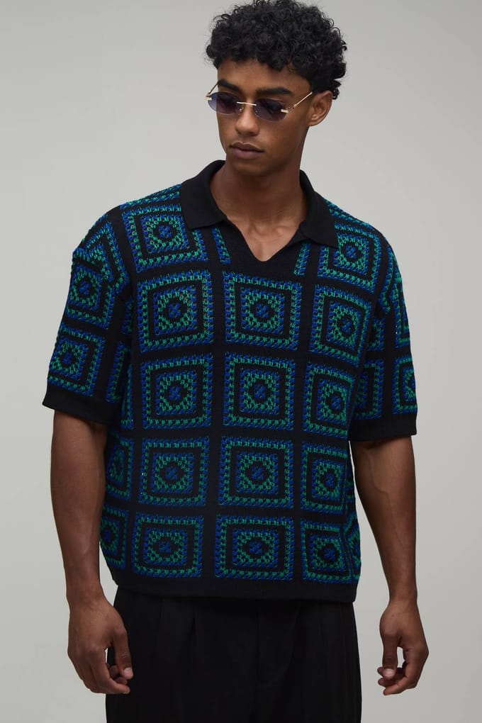Oversized Boxy Crochet Tapestry Knitted Polo T-Shirt | Green | Size Medium