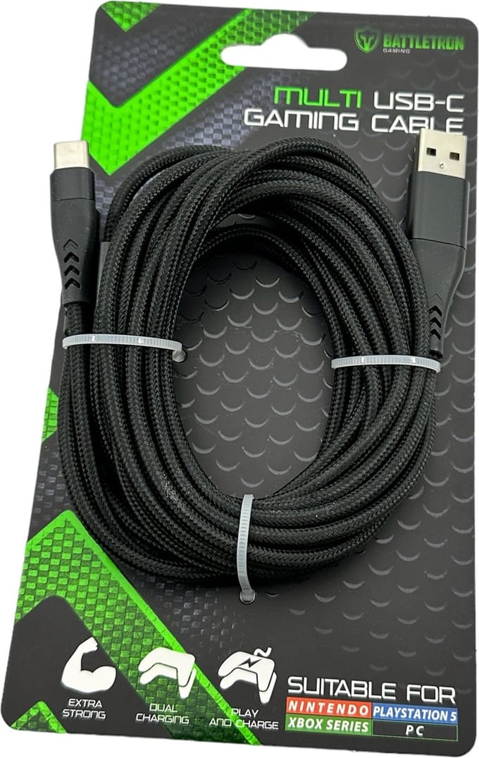 Battletron gaming kabel - USB A naar 2x USB C - PS5 Nintendo Xbox - 2 x 1.5 mtr + 1 mtr - Nylon - Zwart