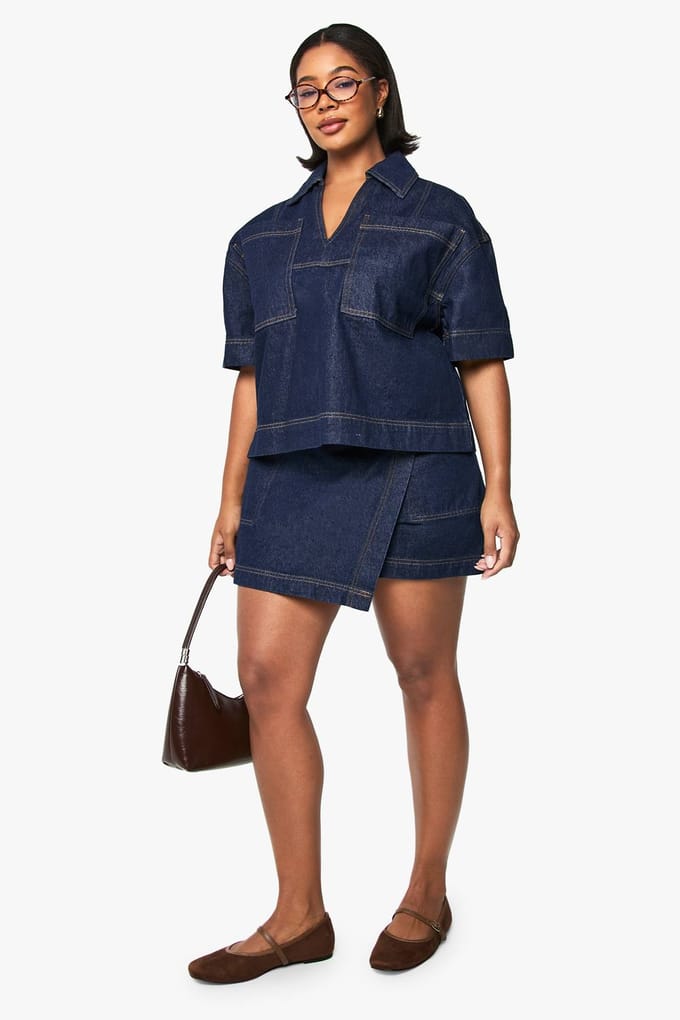 boohoo Dames Plus Denim Wrap Skort | Indigo | Maat: 56
