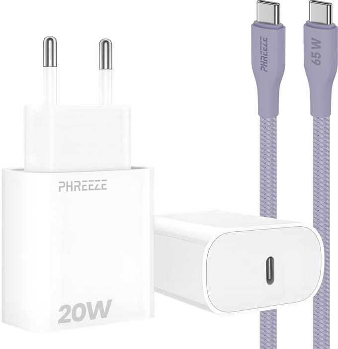 Power Delivery oplader met 20w usb C poort - Usb C kabel 1m paars - Usb C naar usb C