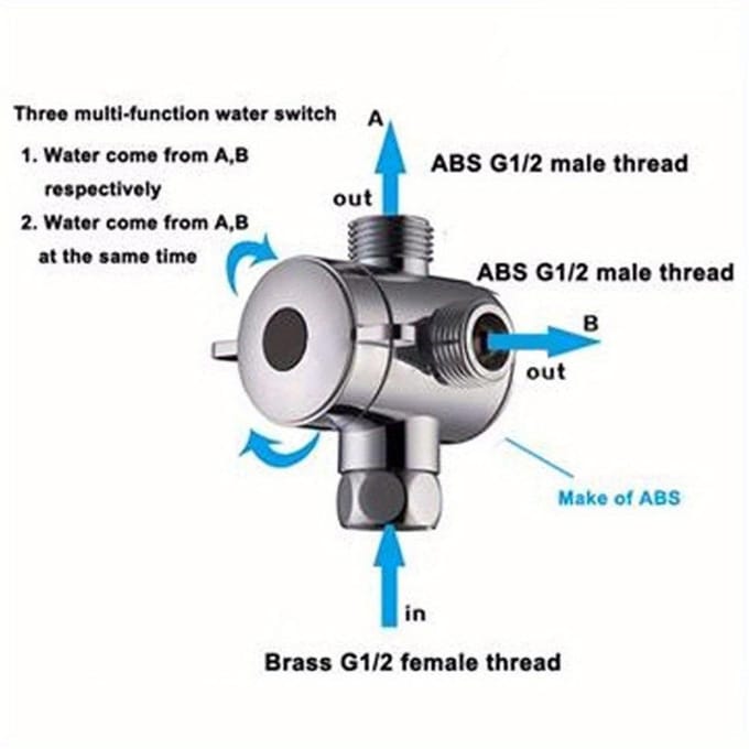 Valve de dérivation adaptateur en T à 3 voies, 1/2 pouces, pomme de douche réglable, vanne de dérivation montée sur bras, accessoire de matériel de salle de bains gray
