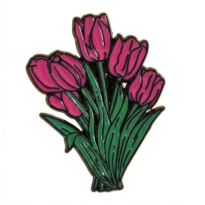 Elegante Bloemen Broche – Roze Tulp Boeket Emaille Speld met Groene Bladeren