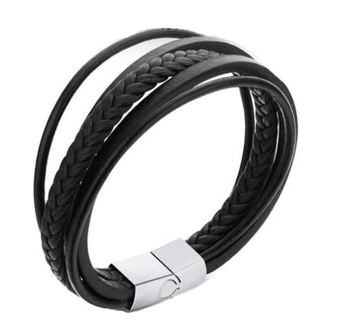 Zwarte Lederen Armband – Stalen Sluiting - Koordarmband