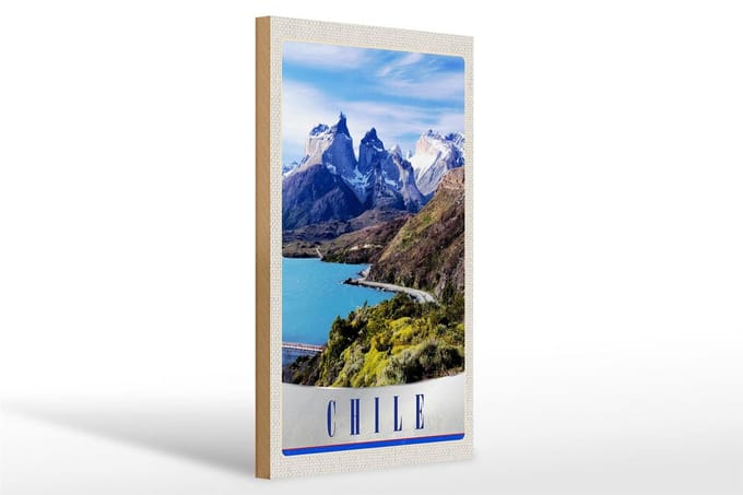 Holzschild Reise 20x30cm Chile Gebirge Meer Natur Schnee