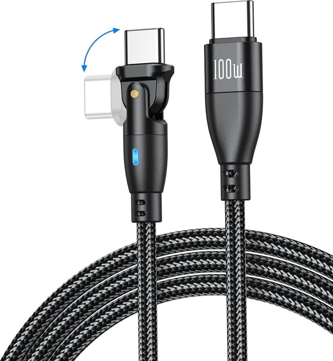 DrPhone ProCharge C2C Ultra USB-C naar USB-C Kabel 100W – 0,5 Meter – PD Snelladen – 180° Draaibaar – LED – Zwart