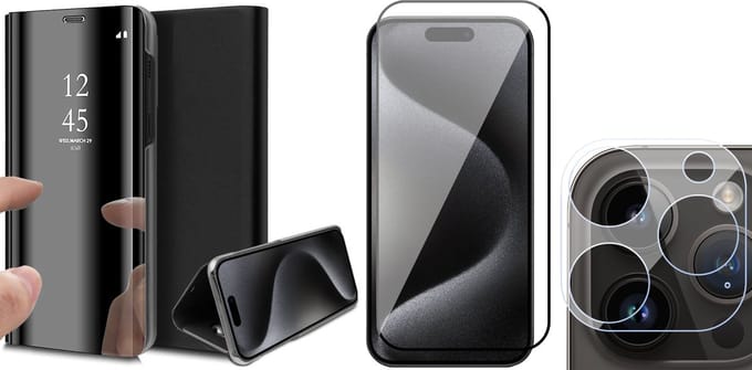 Hoesje geschikt voor iPhone 15 Pro Max - Screenprotector FullGuard & Camera Lens Screen Protector - Book Case Spiegel Zwart
