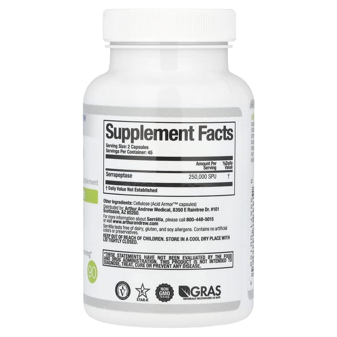 Serretia, pure serrapeptase, 250.000 Spu, 90 capsules (125.000 SPU per capsule)