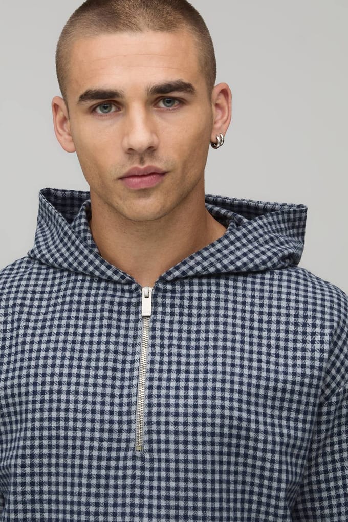 Oversized Check Quarter Over The Head Over Shirt | Grey | Size Medium