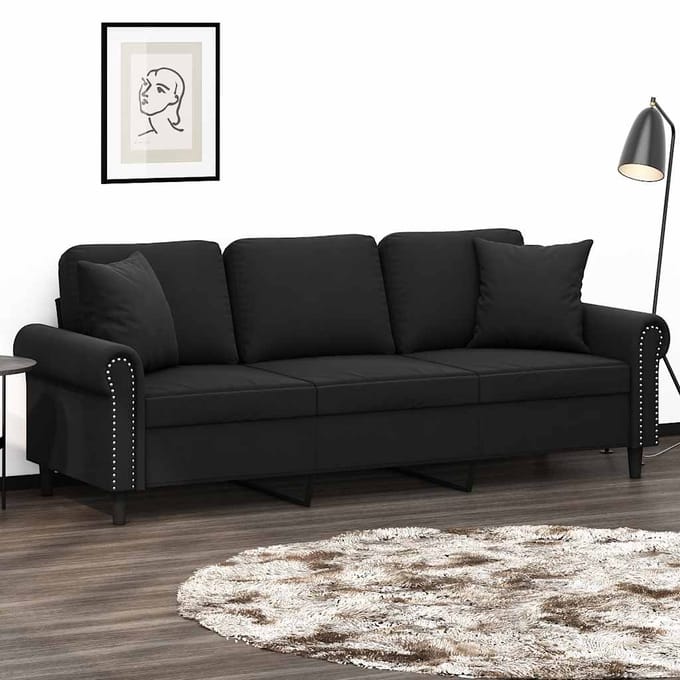vidaXL - Driezitsbank - met - sierkussens - 180 - cm - fluweel - zwart