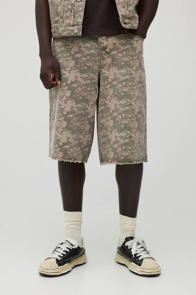 Washed Camo Longline Denim Jorts | Size 58R