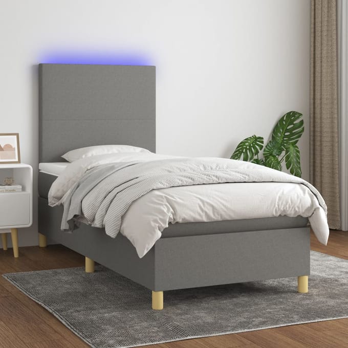 vidaXL - Boxspring - met - matras - en - LED - stof - donkergrijs - 90x200 - cm