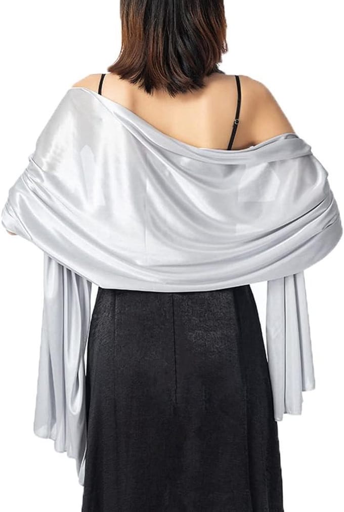 Dames Sjaal - Pashmina omslagdoek - Avondjurk Accessoire - Zijdeglans polyester - Oversized - Zilverkleurig
