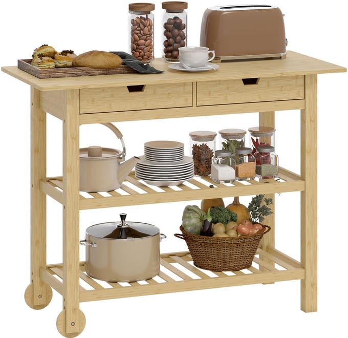 HOMCOM Keukenwagen - Bamboe - 100x43x75cm - Natuurlijk Hout