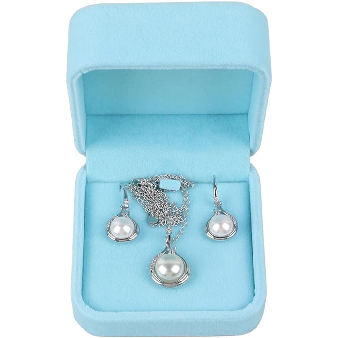 Dames Set Kunstparel Sieraden met Doosje Nep Parel Hanger Ketting Druppel Oorbellen Mode blue