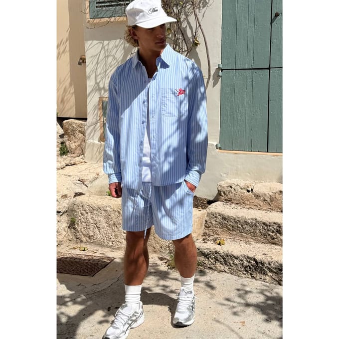Gestreept Poplin Gebogen Zoom Geborduurd Oversized Lange Mouw Shirt & Baggy Short Set | Blue | Size Medium