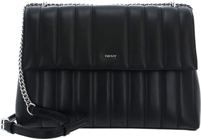 DKNY Leren Schoudertas Seva Logo Flap Shoulder Bag Black / Silver Zwart