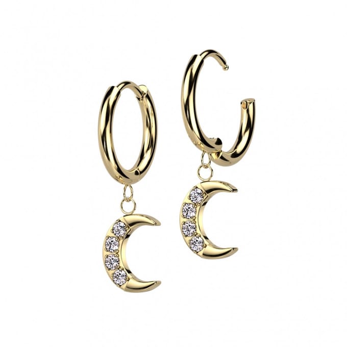 Oorbellen PVD maan hanger CZ steen 0.8x10 - goud - LMPiercings