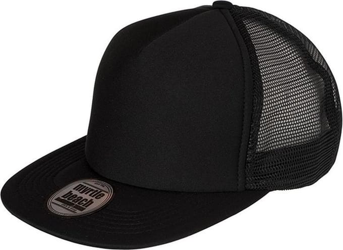 Myrtle Beach Volwassenen Unisex 5 Panel Flat Peak Cap (Zwart/Zwart)