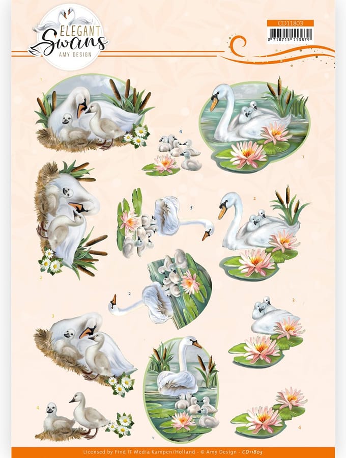 3D Cutting Sheet -Amy Design - Elegant Swans - Swans Family 10 stuks