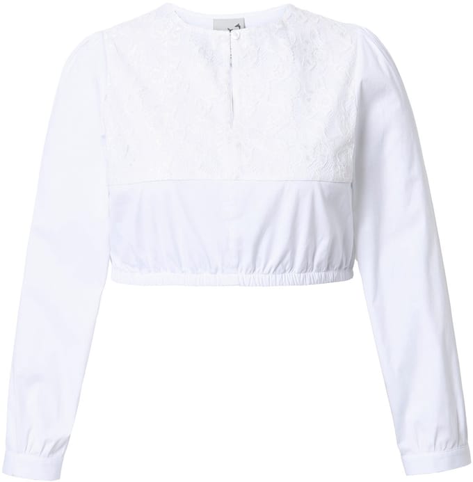 Ulla Popken - Dames - Dirndl blouse kant ronde hals lange mouw elastische zoom - Sneeuwwit - Maat 56
