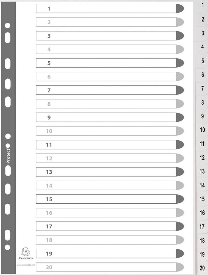 Exacompta Tabbladen met bedrukte tabs in gerecycled PP - 20 tabs - 1 tot 20 - A4 - Grijs - 1721E
