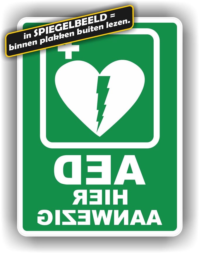 Jerma - AED hier aanwezig - Raamsticker - Spiegelbeeld - 15x17cm
