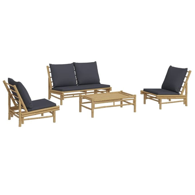vidaXL - 4-delige - Loungeset - met - kussens - bamboe - donkergrijs