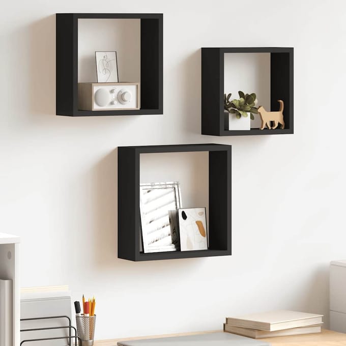 vidaXL - Wandschappen - kubus - 3 - st - MDF - zwart