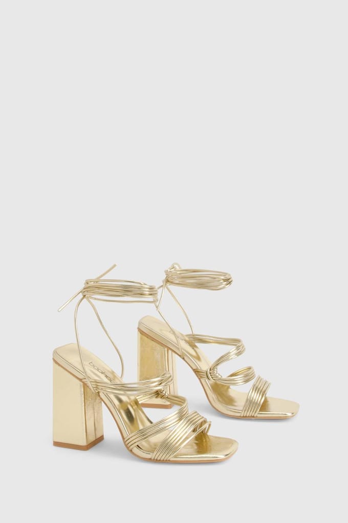 boohoo Dames Metallic Multi Strap Tie Leg Block Hakken | Goud | Maat: 37