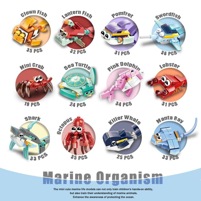 Creatieve 12-in-1 Bouwstenen, 12 Zeedieren Kunnen Worden Samengevoegd tot een Haai, Perfect voor Verjaardags- en Kerstcadeau gray
