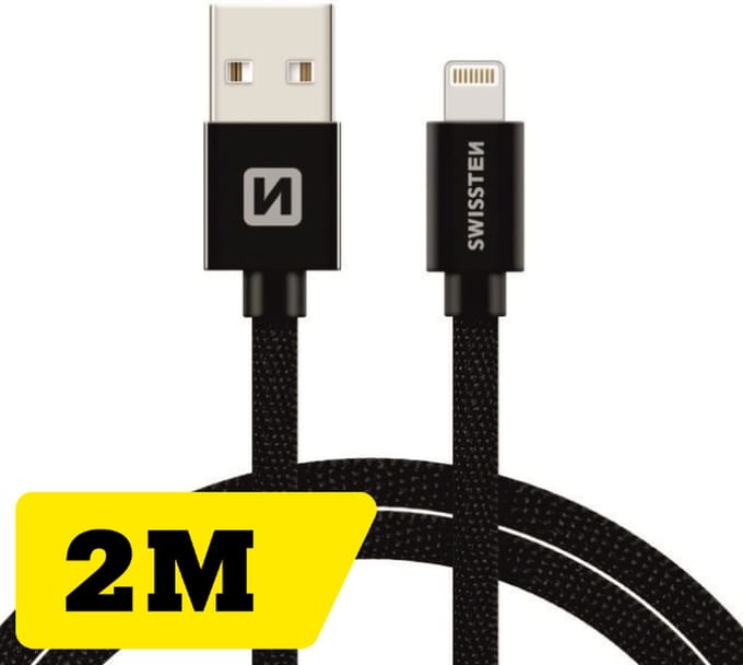 Swissten Lange iPhone Oplaadkabel 2 meter - USB-A naar Lightning Kabel - Apple MFi Gecertificeerd - Geschikt voor iPhone 14/13/12/11/SE & iPad - Gevlochten Nylon - Zwart