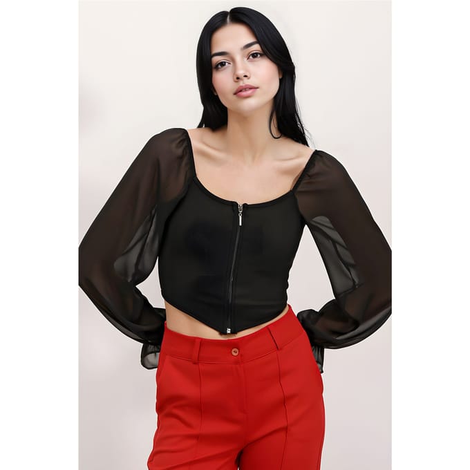 Geribbelde Rits Cropped Blouse met Vierkante Kraag