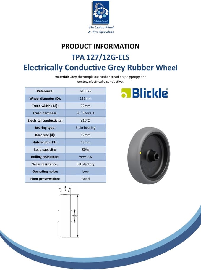 Wiel van 125 mm met grijs, elektrisch geleidend thermoplastisch rubber op een polypropyleen basis