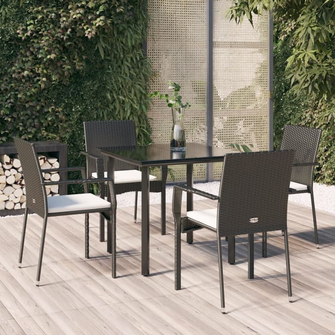 vidaXL - 5-delige - Tuinset - met - kussens - poly - rattan - zwart